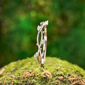 vintage Diamond wedding band art deco leaf Rose gold branch matching band Half eternity twig band unique moissanite anniversary women gift