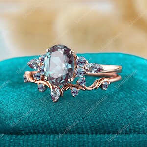 Oval Alexandrite engagement ring set, vintage women ring, rose gold unique wedding ring, Bridal set marquise cut art deco anniversary