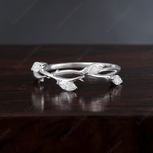 vintage Diamond wedding band, art deco leaf ring, marquise moissanite wedding band, solid gold ring dainty ring unique staking matching band