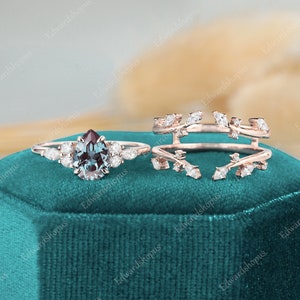 Alexandrite engagement ring set vintage Pear shaped women rose gold moissanite unique diamond wedding ring Bridal marquise cut art deco ring