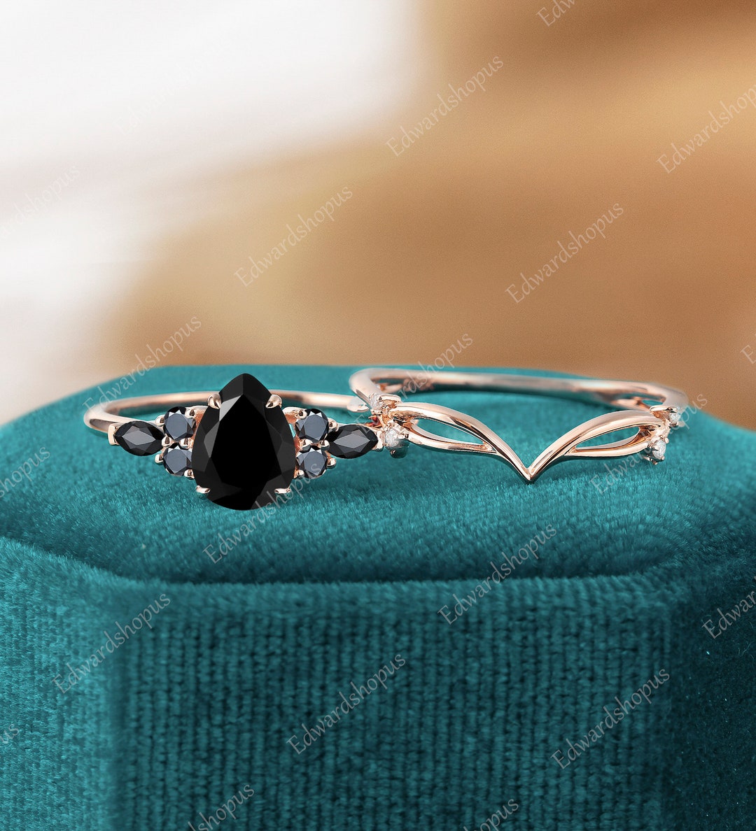 Black Onyx Engagement Ring Set Vintage Pear Shaped Women Rose Gold