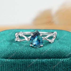 blue green Sapphire Engagement ring Unique pear shaped Vintage Engagement ring white gold Diamond Moissanite leaf ring for women Anniversary