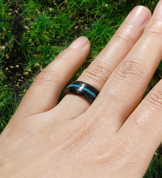 Hammered Black Tungsten Ring, Couples Ring Set, Marquise Turquoise