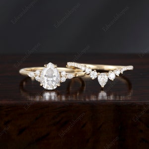 moissanite engagement ring set vintage Pear shaped women yellow gold marquise cut unique diamond wedding Bridal anniversary art deco ring