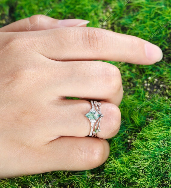 Moss agate engagement ring best sale