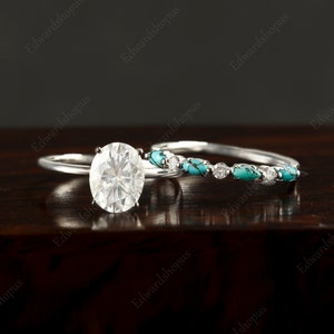 Solitaire oval Moissanite Engagement ring set, Unique turquoise ring, Vintage rose gold Art Deco wedding Anniversary gift for her for women