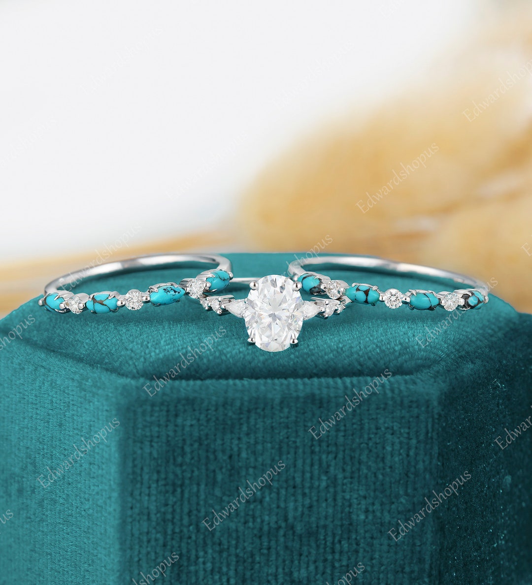 3pcs Oval Moissanite Engagement Ring Set Vintage White Gold Pear Shaped ...