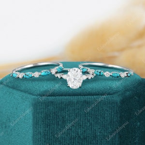 3pcs Oval Moissanite engagement ring set vintage white gold pear shaped Diamond turquoise wedding band Bridal set Promise gift for women