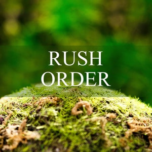 May include: A close-up of a lush green mossy mound with the text "RUSH ORDER" in white letters against a blurred green background.
