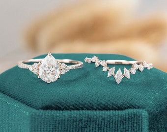 moissanite Engagement Ring set vintage engagement ring Rose gold pear shaped Women Antique art deco Bridal diamond Unique half eternity gift