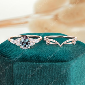 vintage Alexandrite engagement ring set Pear shaped women rose gold marquise cut moissanite unique diamond curved wedding band Bridal set
