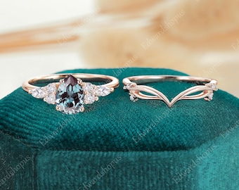 vintage Alexandrite engagement ring set Pear shaped women rose gold marquise cut moissanite unique diamond curved wedding band Bridal set