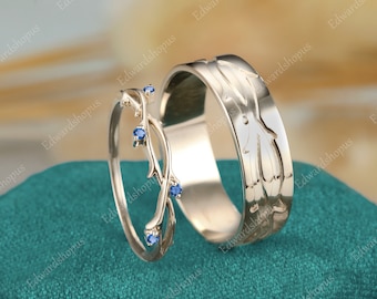 Couples Ring Set For Men and Women sapphire wedding ring set men comfort fit band Vintage rose gold Matching Anniversary Gift for her