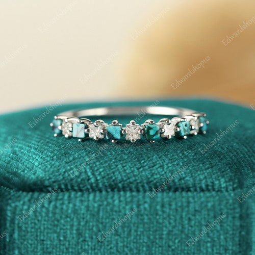 princess cut turquoise wedding band women Vintage moissanite half eternity white gold wedding band match Stacking diamond band gift for her
