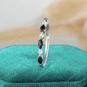 black onyx wedding band women Vintage moissanite half eternity white gold marquise cut wedding band match Stacking diamond band gift for her