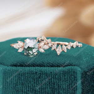 Moosachat Verlobungsring Set Einzigartige Vintage Verlobungsring Oval Art Deco Jubiläum Moissanit Diamant für Frauen Roségold