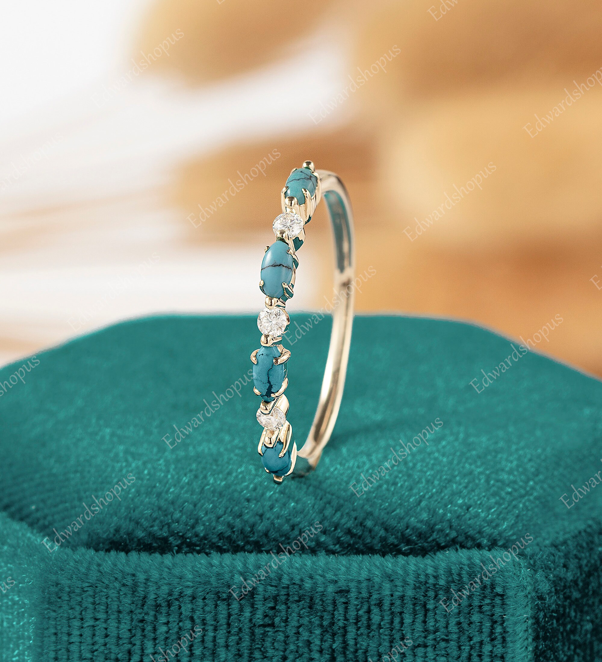 Turquoise Wedding Band Women Vintage Moissanite Half