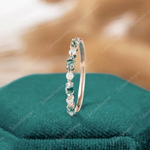 Moss agate wedding band women Vintage moissanite half eternity rose gold marquise cut wedding match Stacking diamond band gift for her