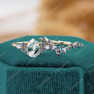 Moss agate engagement ring set vintage engagement ring alexandrite Pear shaped women yellow gold unique marquise cut wedding bridal set ring