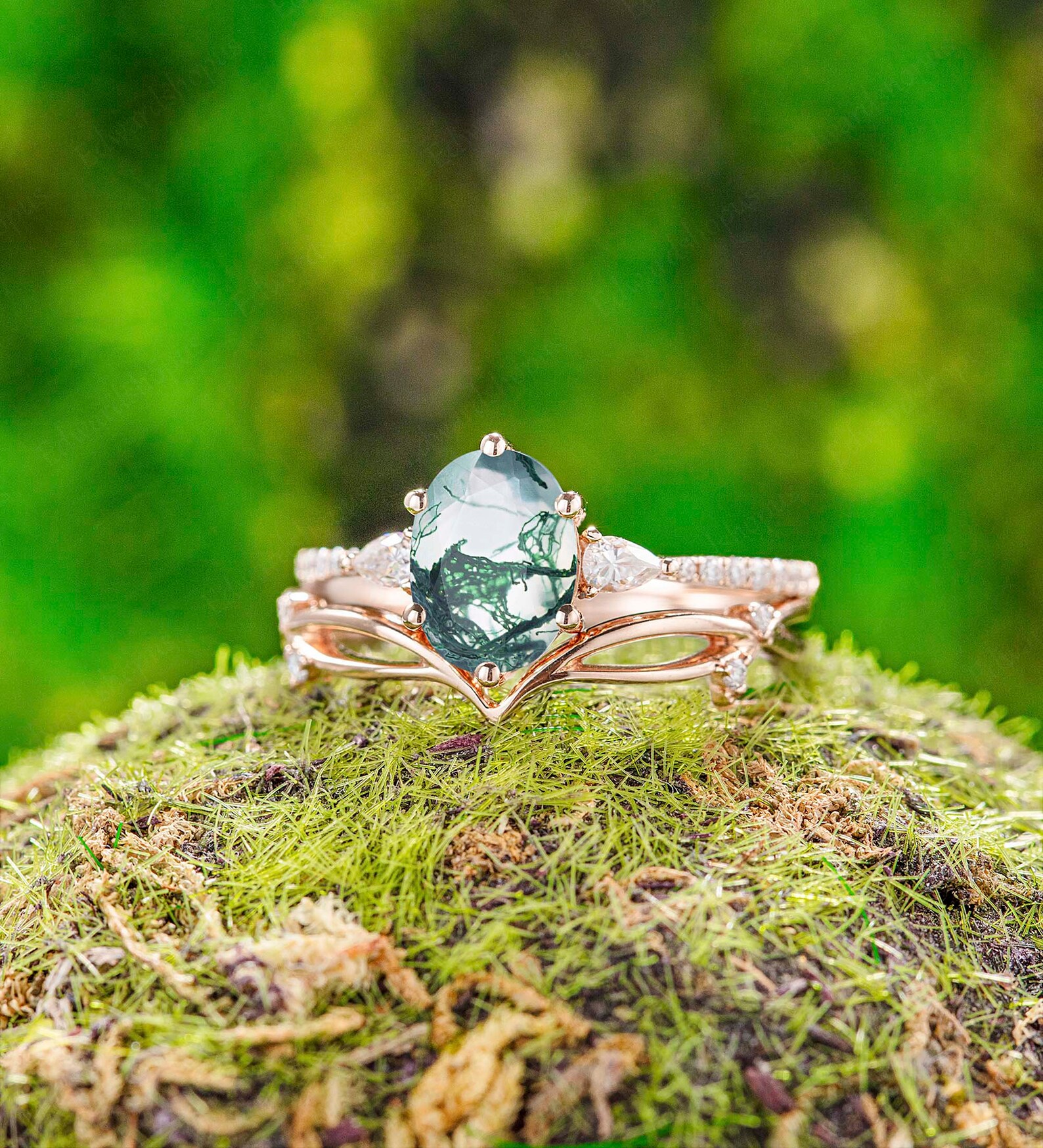 Moss Agate Engagement Ring Set Vintage Engagement Ring Unique Etsy