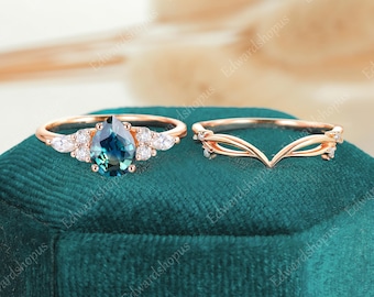vintage engagement ring set Pear shaped blue green sapphire women rose gold marquise cut moissanite unique diamond wedding band Bridal set