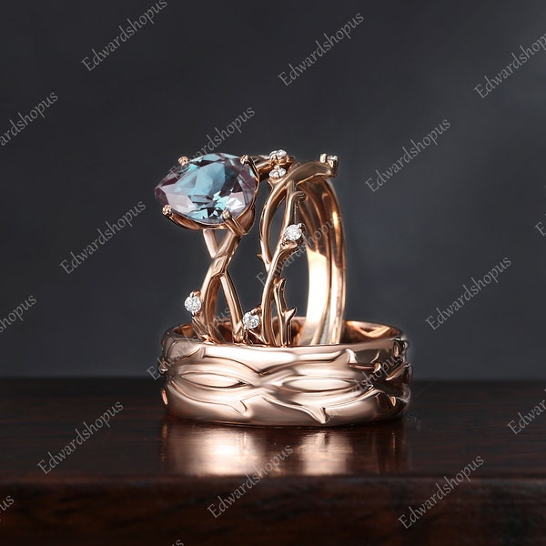 3pcs Couples Ring Set For Men and Women, men wedding band, Alexandrite engagement ring set, wedding ring set, Vintage Diamond bridal set