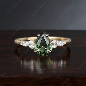 Blue Green Sapphire Engagement ring cluster, Vintage  Moissanite Unique Pear shaped rose gold ring Dainty Diamond Anniversary gift her