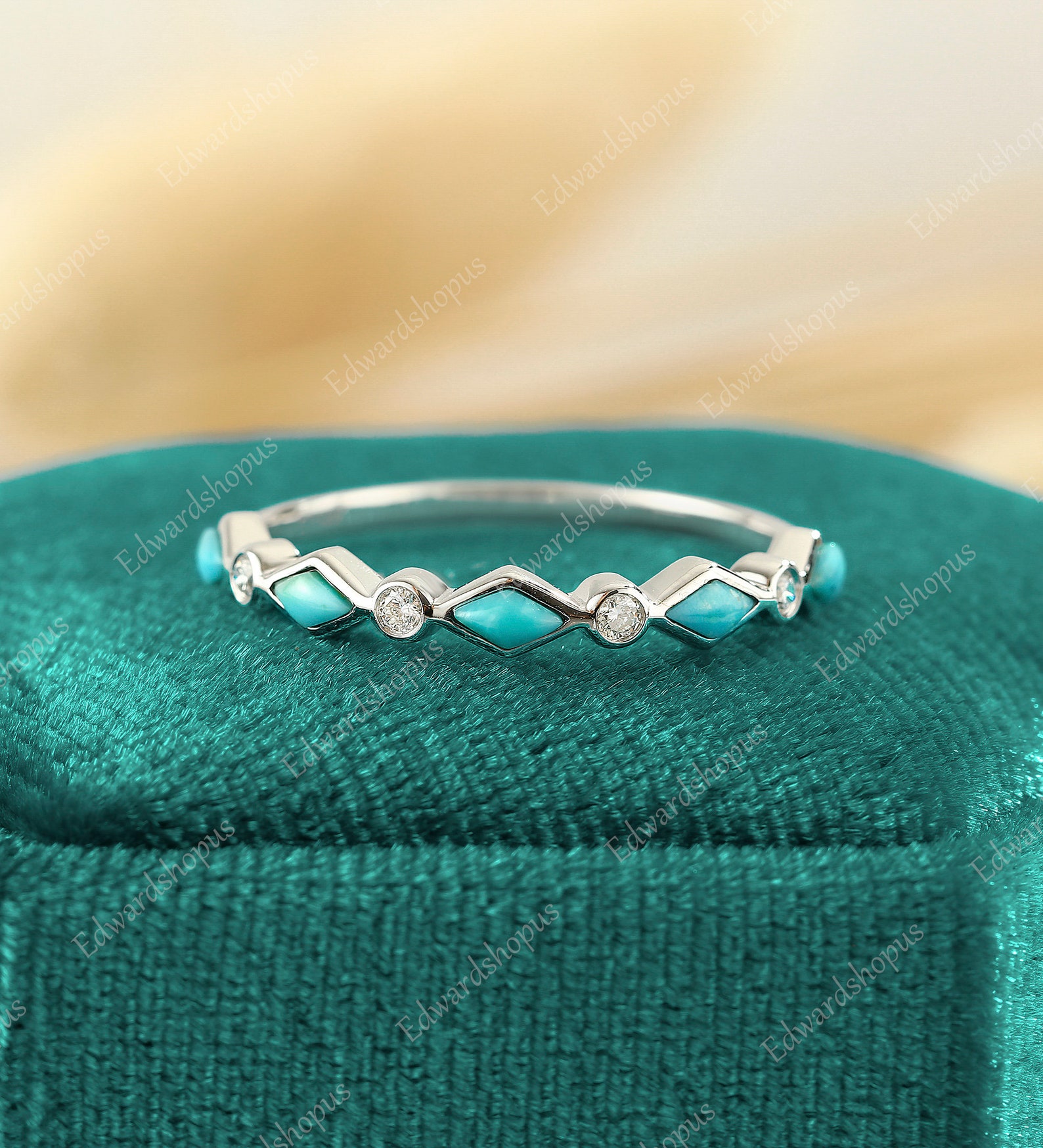 Turquoise Wedding Band Women Vintage Moissanite Half Eternity White