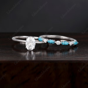 Solitaire oval Moissanite Engagement ring set, Unique turquoise ring, Vintage rose gold Art Deco wedding Anniversary gift for her for women