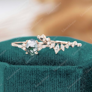 Oval Moosachat Verlobungsring Set Vintage Rose Gold Frauen Moissanite Art Deco Diamant im Marquiseschliff Einzigartige Braut-Set Geschenk für sie