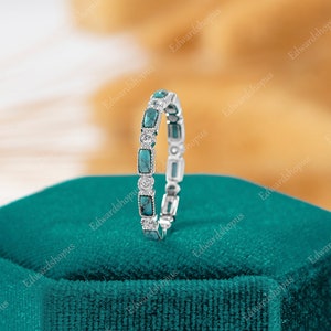 turquoise wedding band women Vintage moissanite full eternity white gold baguette cut wedding band match Stacking diamond band gift for her