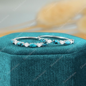 2pcs turquoise wedding band women Vintage moissanite half eternity white gold marquise cut ring match Stacking diamond band gift for her