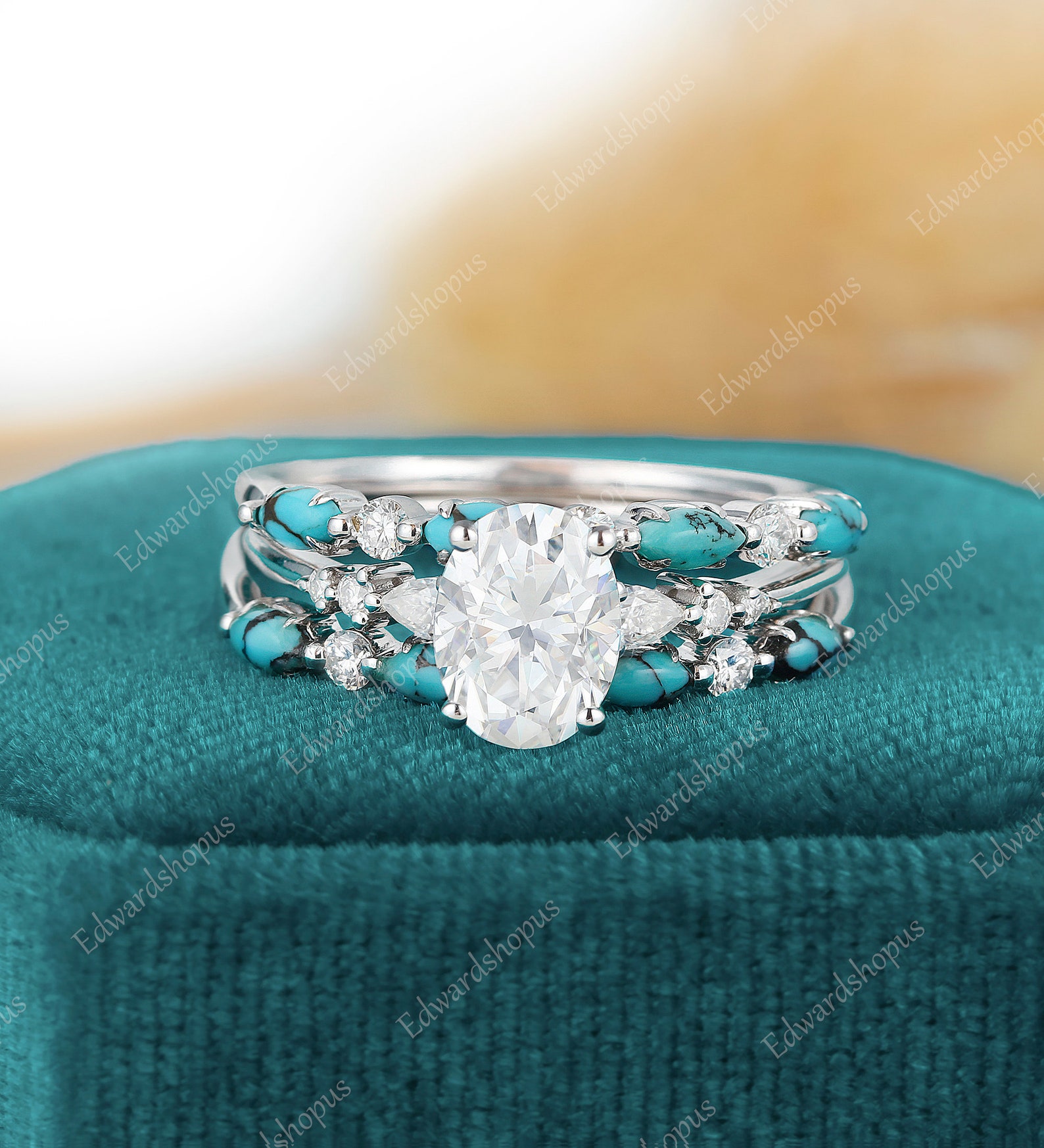3pcs Oval Moissanite Engagement Ring Set Vintage White Gold Pear Shaped ...
