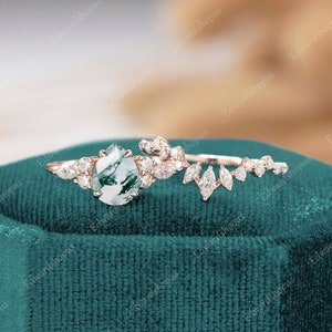 Moss Agate Engagement ring set Unique Engagement ring Vintage Pear shaped Rose gold ring bridal set Moissanite gift for her Dainty Diamond