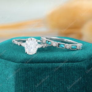 2PCS Oval Moissanite engagement ring set vintage white gold pear shaped Diamond turquoise wedding band Bridal set Promise gift for women