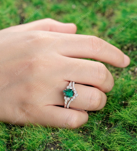 Emerald Leaf Engagement Ring set, Silver Emerald Leaf Rings | Benati
