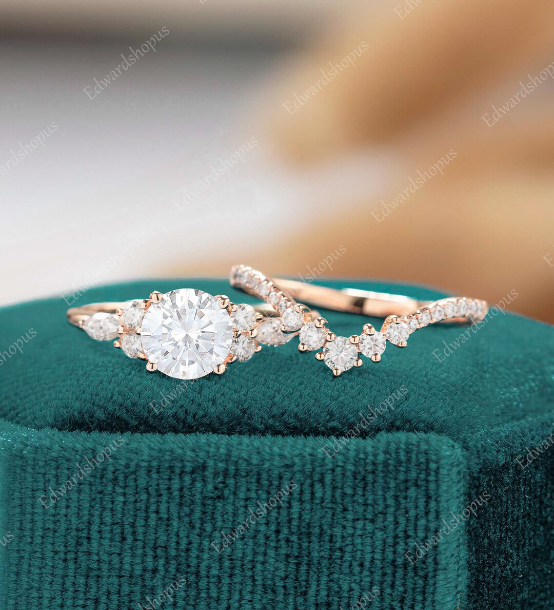 モアッサナイトの婚約指輪セット ヴィンテージ婚約指輪 女性用 ローズ