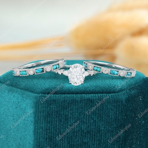 3PCS Oval Moissanite engagement ring set vintage white gold pear shaped Diamond turquoise wedding band Bridal set Promise gift for women