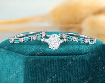 3PCS Oval Moissanite engagement ring set vintage white gold pear shaped Diamond turquoise wedding band Bridal set Promise gift for women