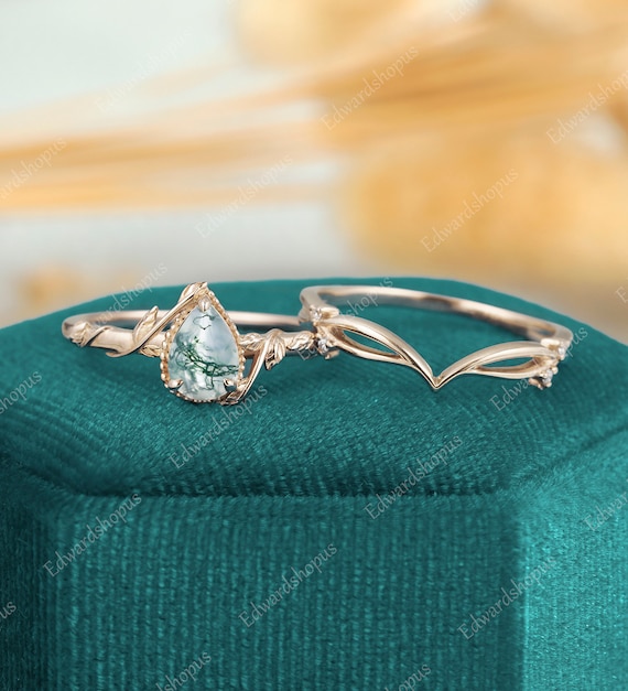 Moss agate Engagement ring set, Unique pear shaped ring, Vintage leaf ring,  14k/18k rose gold ring, stacking ring, Anniversary gift women