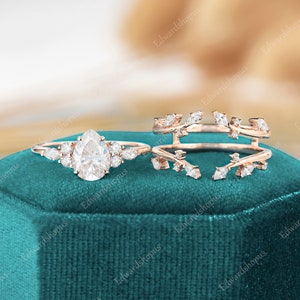 moissanite engagement ring set vintage Pear shaped women rose gold marquise cut unique diamond wedding ring Bridal anniversary art deco ring