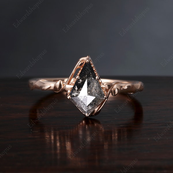 Salt and pepper diamond Engagement ring, Unique kite cut ring, Vintage leaf ring, 14k/18k rose gold stacking Anniversary gift for women