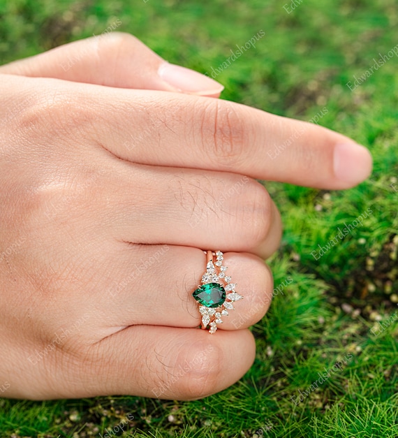Emerald Engagement Ring Set Vintage Engagement Ring Unique