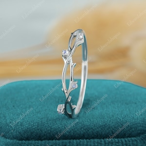 vintage moonstone wedding band art deco leaf minimalist solid white gold dainty wedding ring unique band staking matching band bridal ring