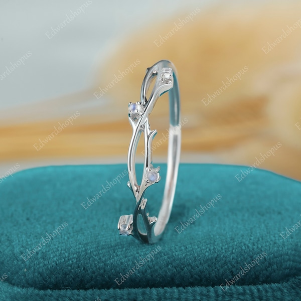 vintage moonstone wedding band art deco leaf minimalist solid white gold dainty wedding ring unique band staking matching band bridal ring