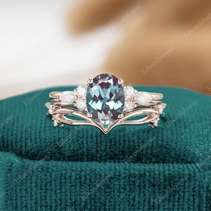 Alexandrite engagement ring set vintage oval cut women rose gold moissanite unique diamond wedding ring Bridal set marquise cut art deco