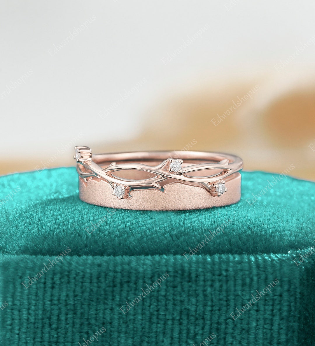 2PCS Wedding Ring Set Vintage Diamond Wedding Band Art Deco Leaf