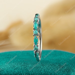 Turquoise Wedding band Vintage Wedding band women Unique Wedding band Mariquise Dainty Art White gold ring Anniversary gift for her