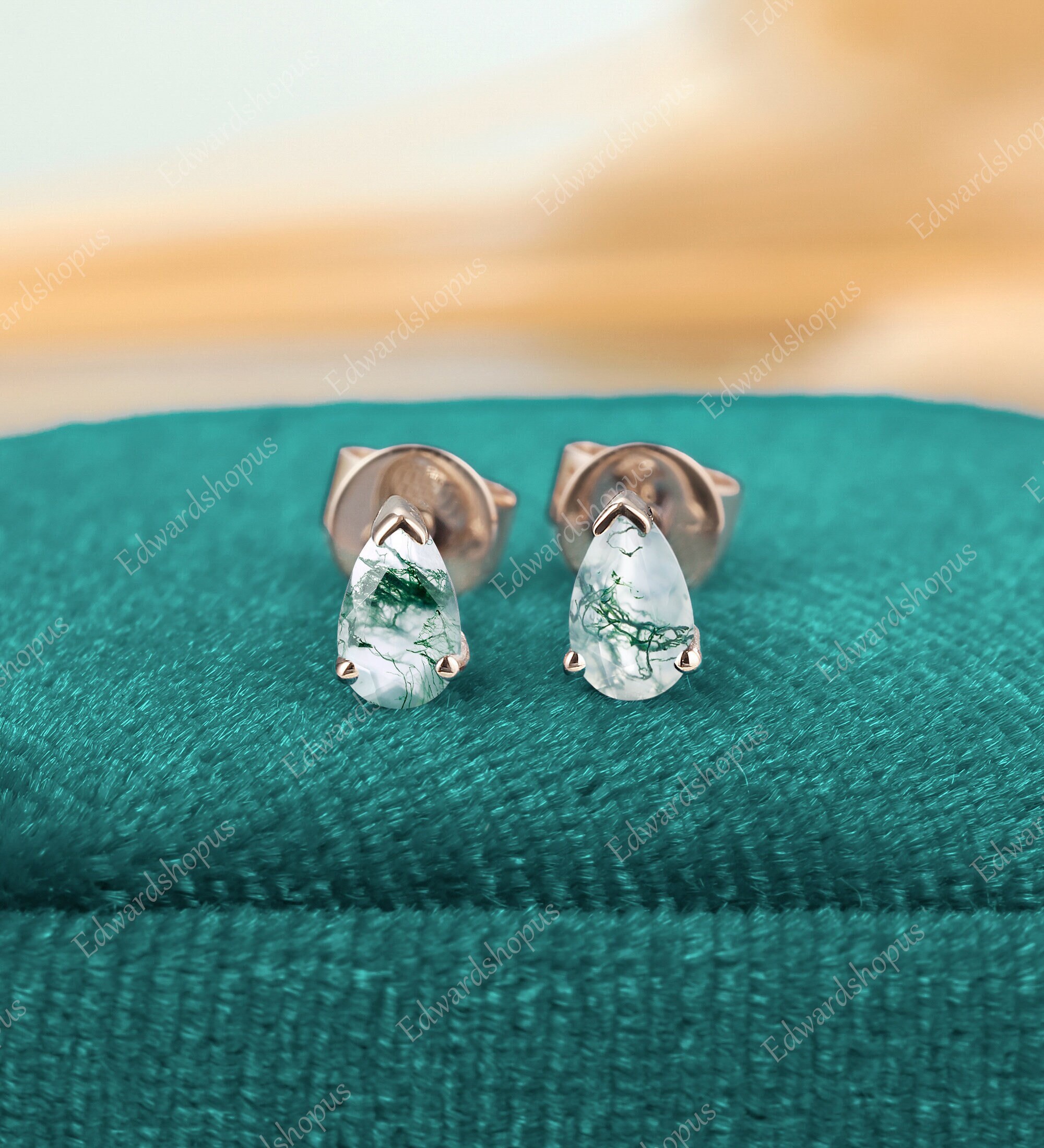 moss agate stud earrings, Solid 14k rose gold earrings, Simple birthday gift earrings, women gold stud earrings, pear shaped stud earrings
