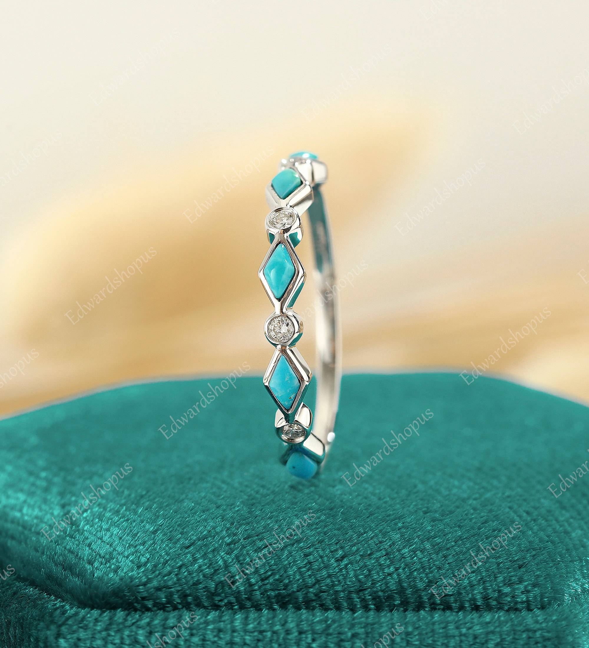 Turquoise Wedding Band Women Vintage Moissanite Half Eternity White